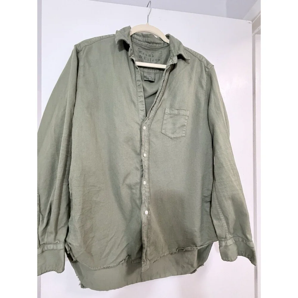 Frank & Eileen Barry Button Up Shirt Blouse In Army Green Sz M